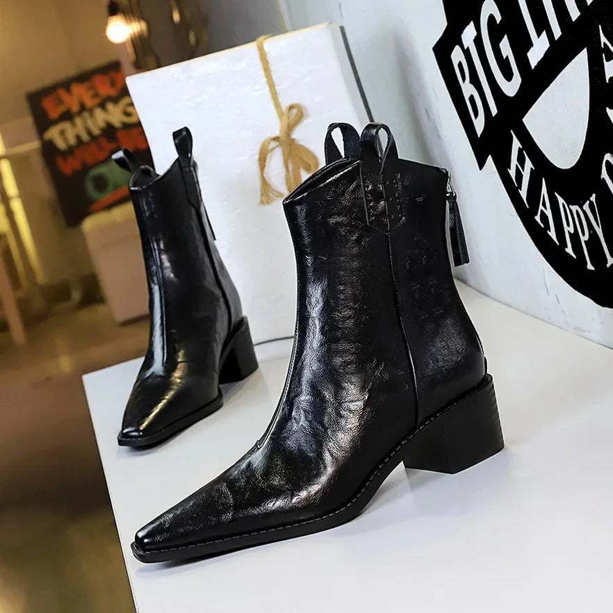2024 Autumn/winter Women Boots Genuine Leather Western Boot Women Shoes Pointed Toe Chunky Heel Chelsea Boots Retro Ankle Boots
