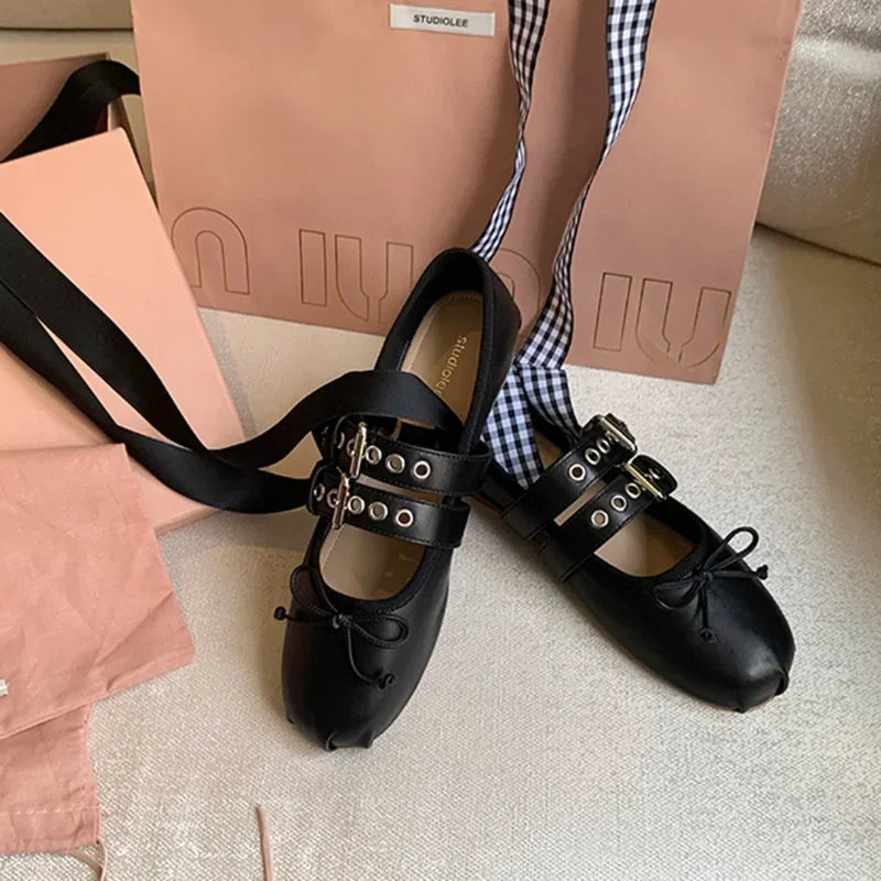 French ballerina ballet flats women's soft leather bow lace-up shallow Metallic belt trim car stitching cross straps belt buckle