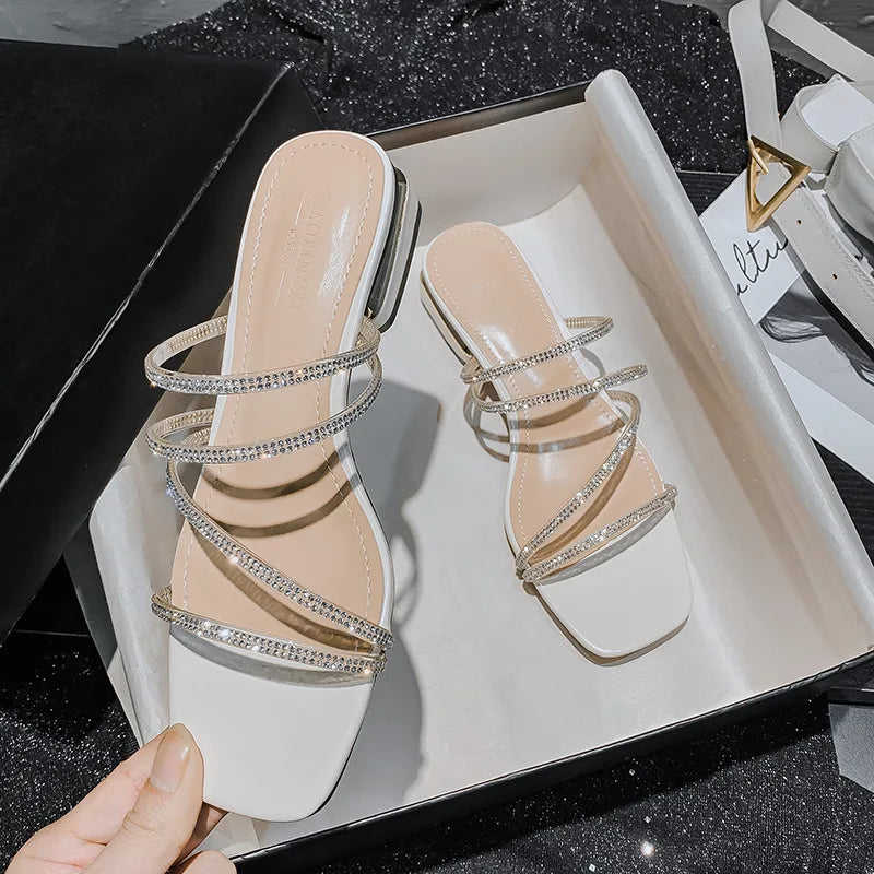 2023 Summer High Heel women's sandals Fashion Strappy Rhinestones design Princess girls shoes Large size slippers