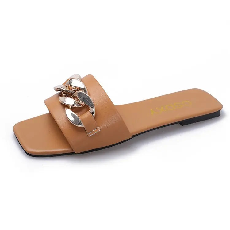 2022 New Fashion Women's Slippers Square Toe Chain Slippers Flat Slide Sandals Beach Flip Flops Metal Decoration Casual Shoes