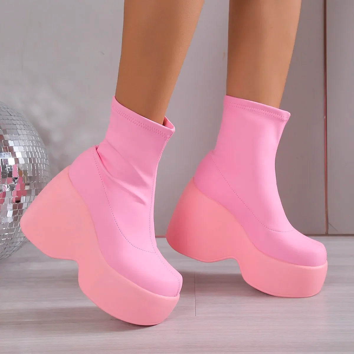 12CM High Heel Short  Boot for Womens Sexy Chunky Platform Soft Leather Ankle Boots Walking Comfy Matsuke Sole Punk Shoes
