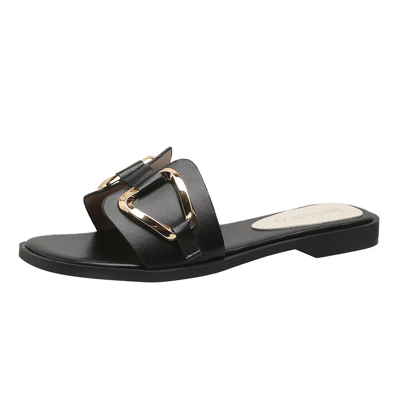 Luxus-Hausschuhe für Damen, Schnallen-Design, kleiner Weihrauch-Stil, lässige flache Sandalen für Damen, Außenbekleidung, Sommer, Sandstrand, Damen-Slides