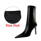 Bottes en cuir à talons hauts pour femmes, 7,5 cm, 10 cm, bottines courtes à talons bas, chaussures d'hiver chaudes et pointues en peluche