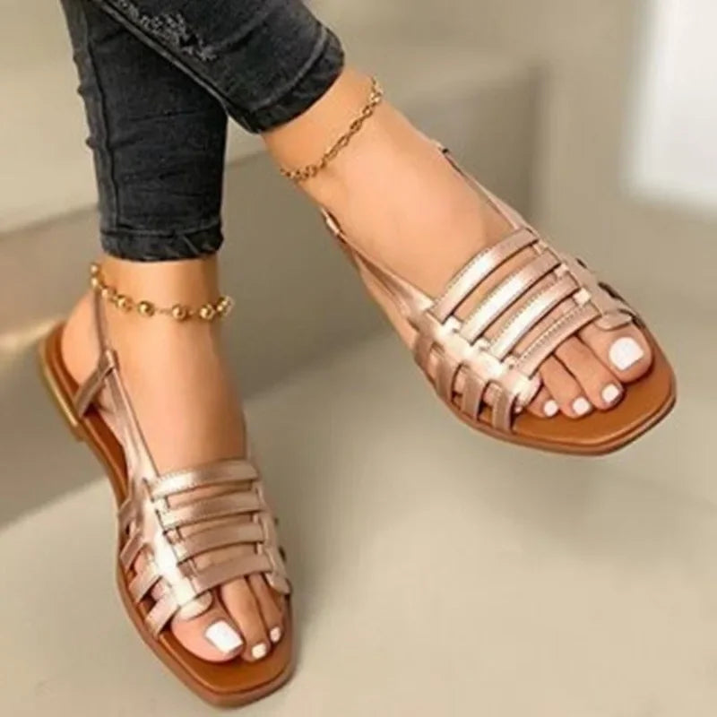Buckle Strap Women's Sandals Daily  Sandals Women Flat with Round Toe Solid Soft Bottom Ladies Shoes