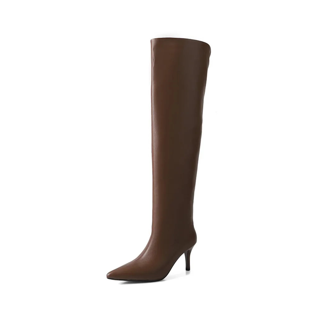 Taoffen Long Boots For Women Pleated Design Sexy Pointed Toe Thin High Heel Wide Calf Boots Fashion Autumn Winter Boots Handmade