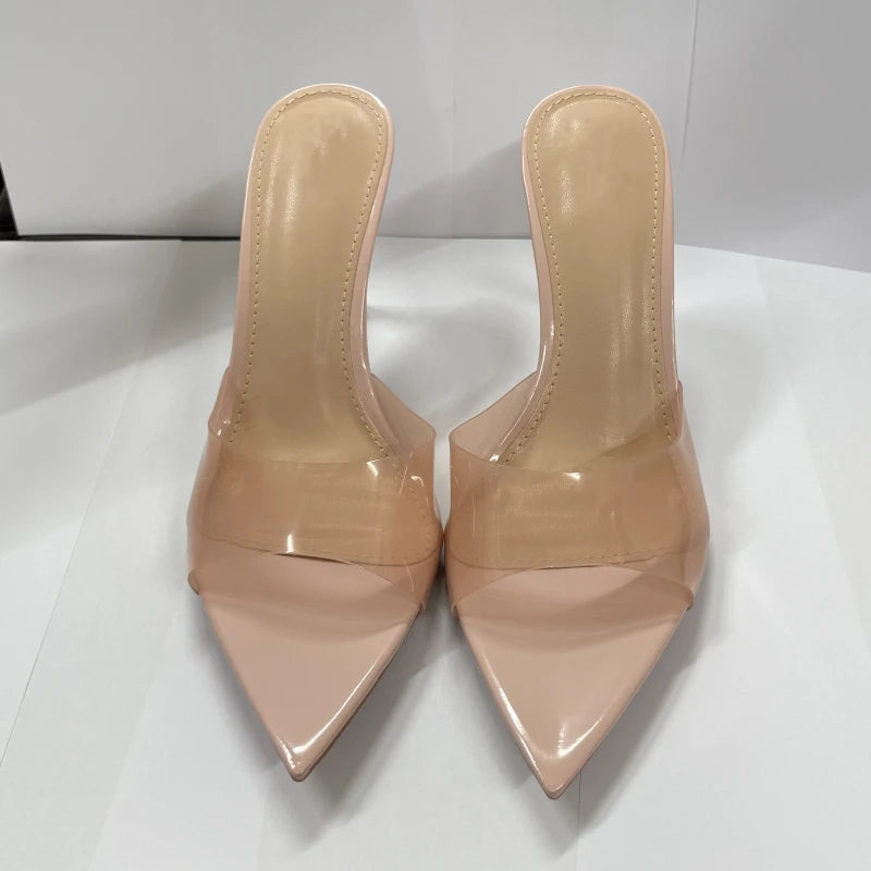 Neue Sommer-Sandalen für Damen mit hohen Absätzen, einfache, transparente Hausschuhe mit hohen Absätzen, Stiletto-Spitze, offene Hausschuhe, Pantoletten