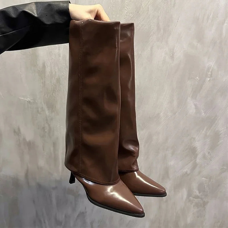 Bottes hautes en cuir épais pour femmes, chaussures à talons hauts et bout pointu, bottes Chelsea tendance, nouvelles escarpins, style gladiateur de neige
