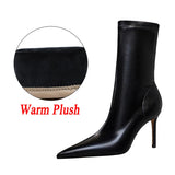 Bottes en cuir à talons hauts pour femmes, 7,5 cm, 10 cm, bottines courtes à talons bas, chaussures d'hiver chaudes et pointues en peluche