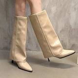 Bottes hautes en cuir épais pour femmes, chaussures à talons hauts et bout pointu, bottes Chelsea tendance, nouvelles escarpins, style gladiateur de neige