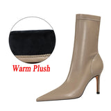 Bottes en cuir à talons hauts pour femmes, 7,5 cm, 10 cm, bottines courtes à talons bas, chaussures d'hiver chaudes et pointues en peluche