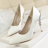 Woman 10cm High Heels Metal Heels Satin Silk Dress Fashion Pumps Lady Wedding Bridal Scarpin Catwalk Orange Green Wine Red Shoes