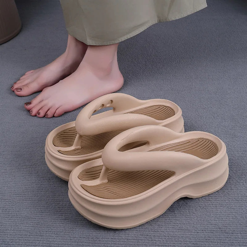 2024 New Elevated Soft Sole Anti Slip Women's Slippers Thick EVA Soft Sole Home Platform One Line Outwear Beach Summer Sandals