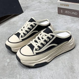 Ladies Slippers 2022 Summer Baotou Half Slippers Woman's Versatile Casual Lace Up Canvas Sports Slippers Platform Shoes Outside