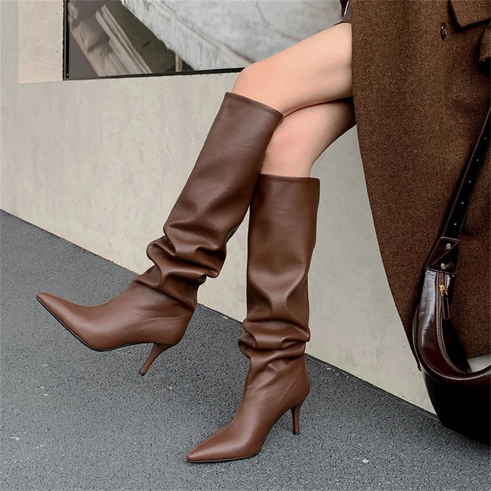 Taoffen Long Boots For Women Pleated Design Sexy Pointed Toe Thin High Heel Wide Calf Boots Fashion Autumn Winter Boots Handmade