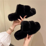 New Winter Open Toe Slipper Fashion Fur Thick Sole Flats Heel Ladies Casual Slip On Bedroom Shoes Soft Outdoor Slides Shoes