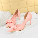 Side Hollow Soft Leather Women Pumps 7 Color Fashion Bowtie Pointed Toe High Heels Ladies Dress Wedding Shoes Woman Work Shallow