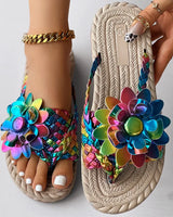 Slippers Women Ombre Floral Pattern Braided Casual Shoes Vacation Flat Holographic Braided Floral Pattern Toe Beach Flip Flops