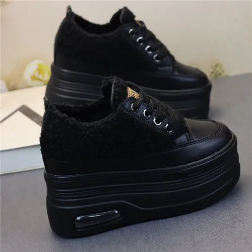 10CM 12CM Genuine Leather Casual Chunky Sneakers Plush Wedge Platform Wedge Winter Fashion Autumn Spring Women Shoes Vulcanize