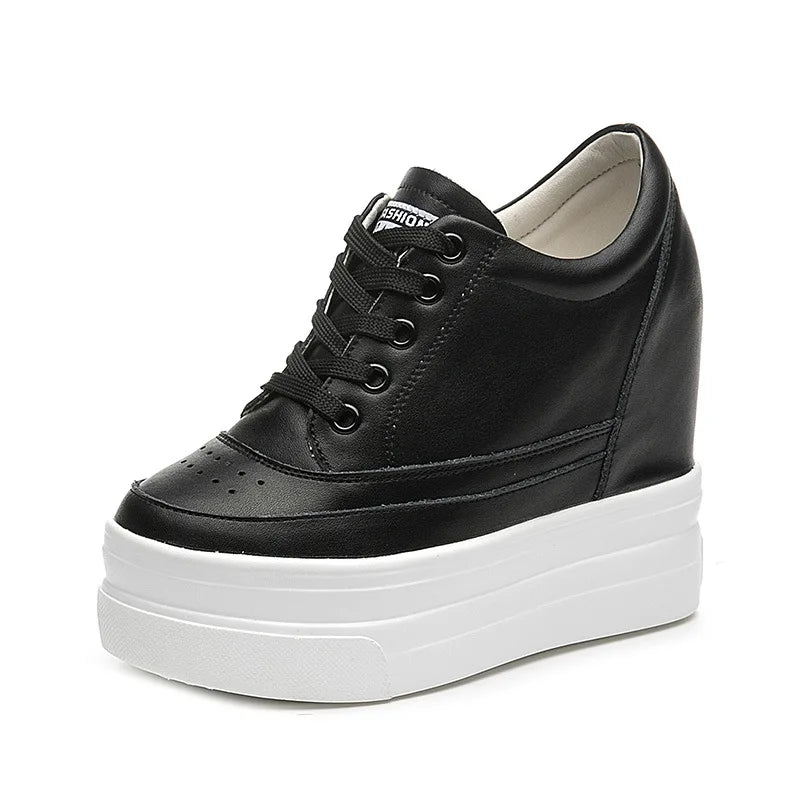 Women Autumn Leather 11cm Hidden Wedge Sneakers Platform Shoes High Heels Sneakers Female Casual Footwear White Woman Trainers
