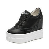 Women Autumn Leather 11cm Hidden Wedge Sneakers Platform Shoes High Heels Sneakers Female Casual Footwear White Woman Trainers