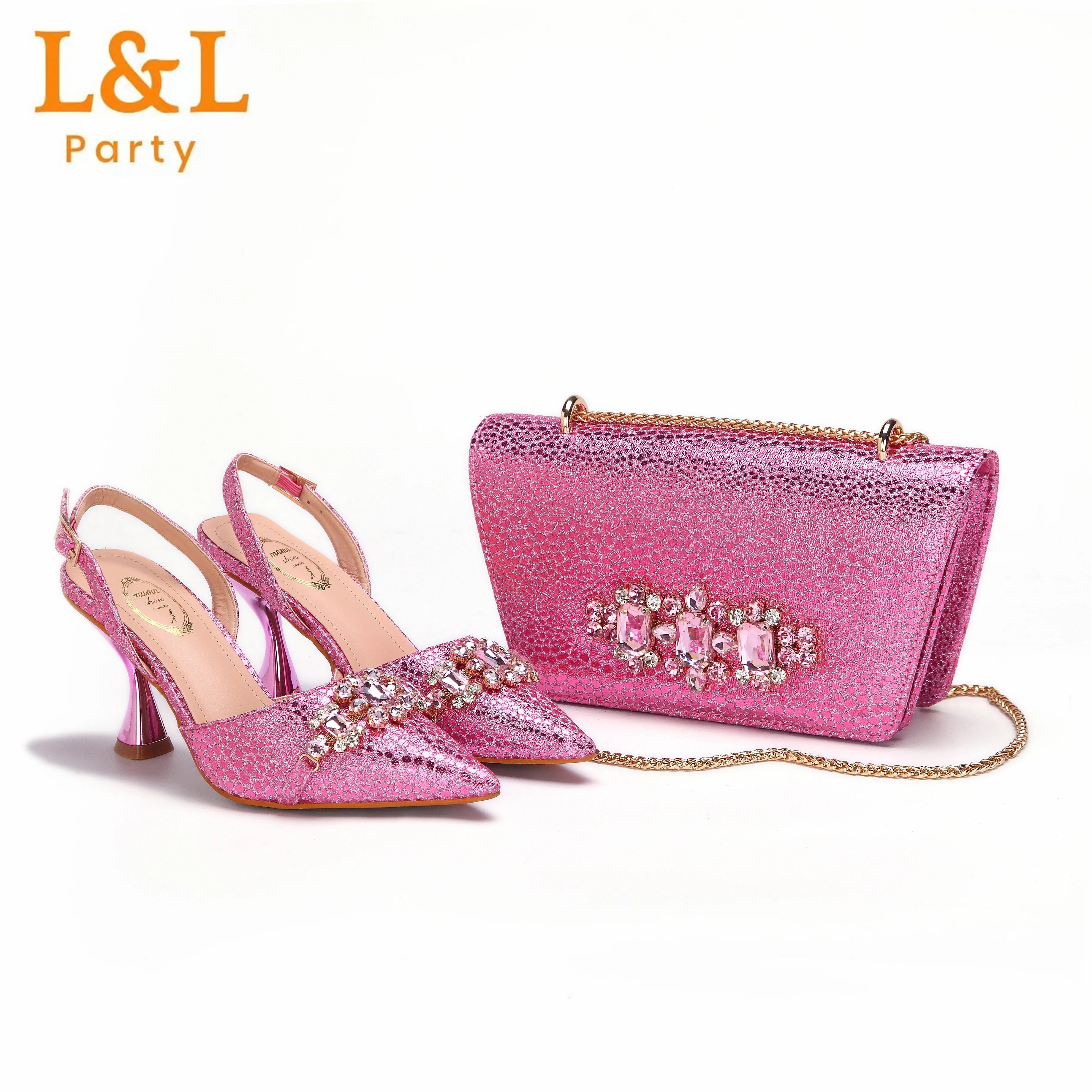 2024 Newest INS Pink Color Elegant High Heels Nigeria Popular Design African Ladies Shoes And Bag Set for Wedding Party