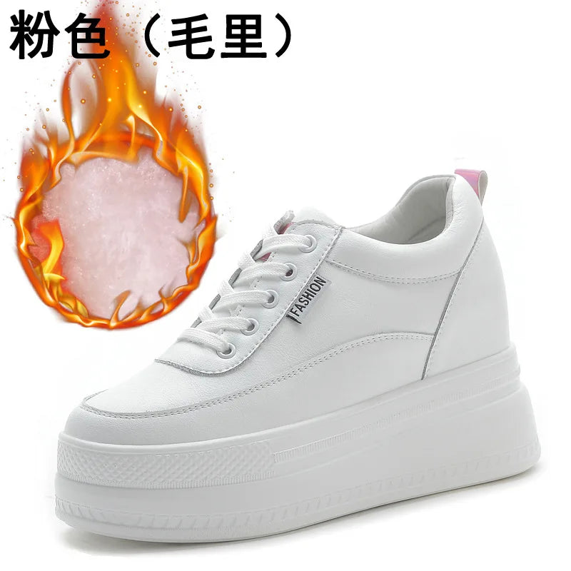 Genuine Leather Women Platform Air Mesh Hollow Sneakers Spring Casual Vulcanized Wedge Shoes Ladies Thick Bottom Court Sneakers