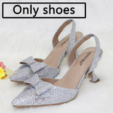 Venus Chan Bridal High Heels for Women 2023 Pointed Toe With Bows Gold Color Rhinestone  Elegant Party Wedding Shoe and Bag Set