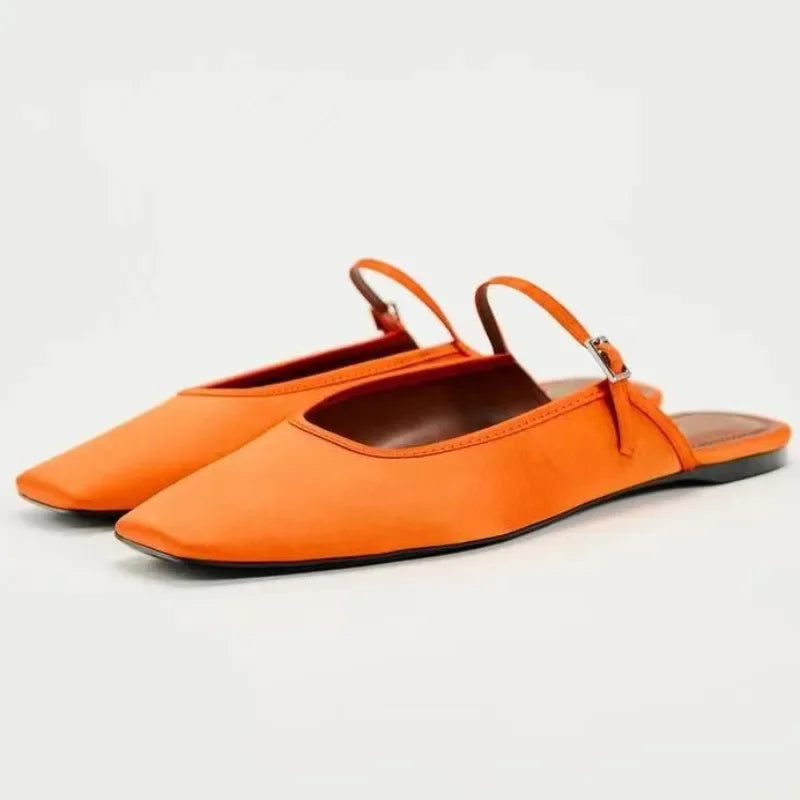 Summer Flat Sandals Woman 2025 New Square Toe Buckle Strap Breathable Satin Leisure Slingbacks Chic Mules Shoes for Ladies