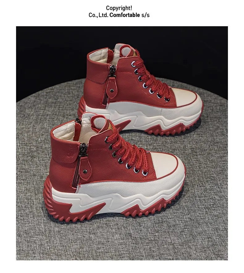 Women  The New  Platform Sneakers Black Shoes Spring Autumn Genuine Leather Trainers Keep Warm Fashion Boots Winter Booties