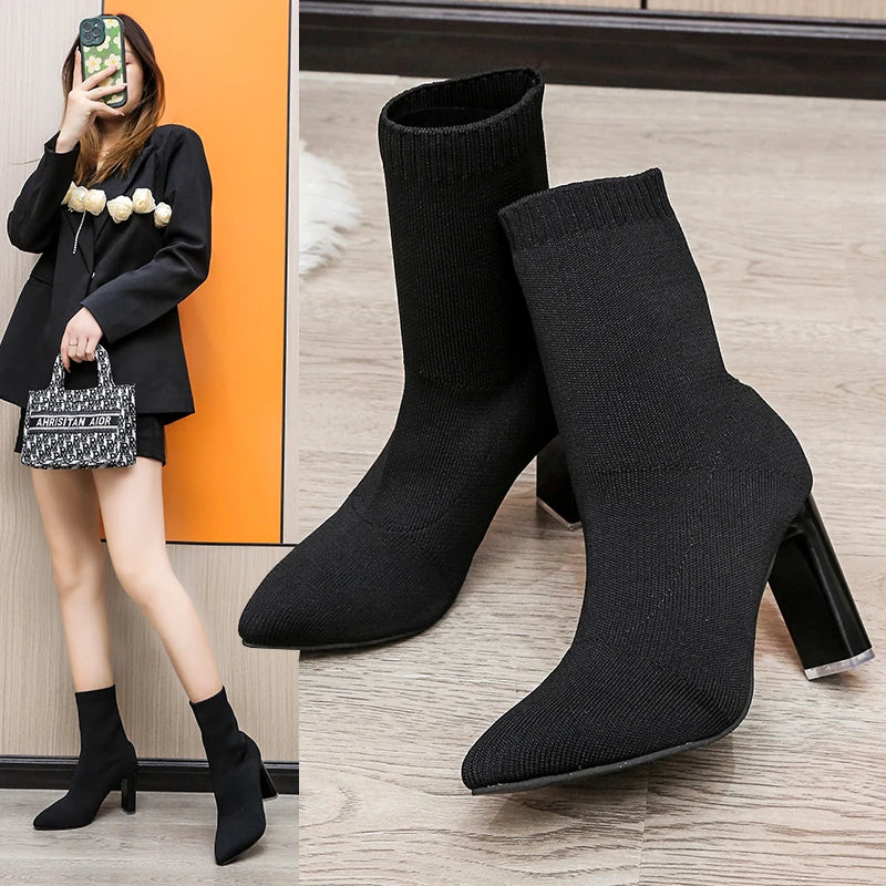 🔥Simple & Dreamy! Women's Stretch Knit Pointed Socks Boots. High Heels, Ideal for A/W, Your Go - to for Effortless Style