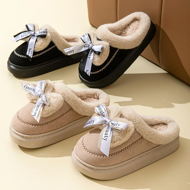 Winter Faux Suede Cotton Slippers for Women's Winter Home Rabbit Bow Cotton Slippers for Warmth New Thick Soled Princess Style