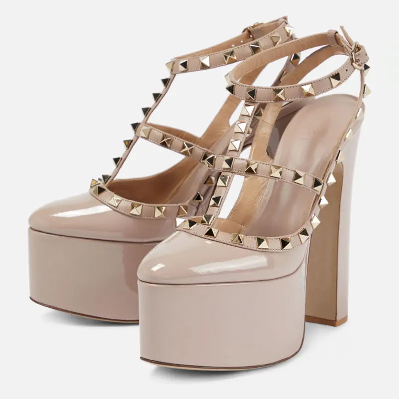 Women's new round head shallow mouth thin belt decorative waterproof platform super high thick heel rivet sexy Mary Jane single