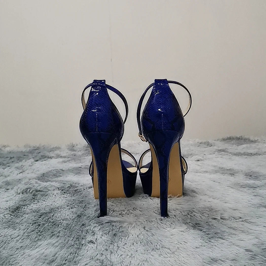 2025 New Women Sandals 14cm Supper High Heels Sexy Open Toes Buckle Strap Sandal Blue Heels Snake Pattern Platform Wedding Shoes