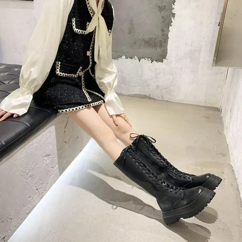 2024 New Maogu Tall Flat Knight Boots Women Strappy Side Zip Thick Bottom Round Toe Long Boot Women's Shoes Winter Fashion