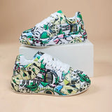 Women's Casual Sneakers 2023 Fashion New Painted Graffiti Lace Up Sports Shoes for Women Flat Pu Leather Ladies Running Shoes