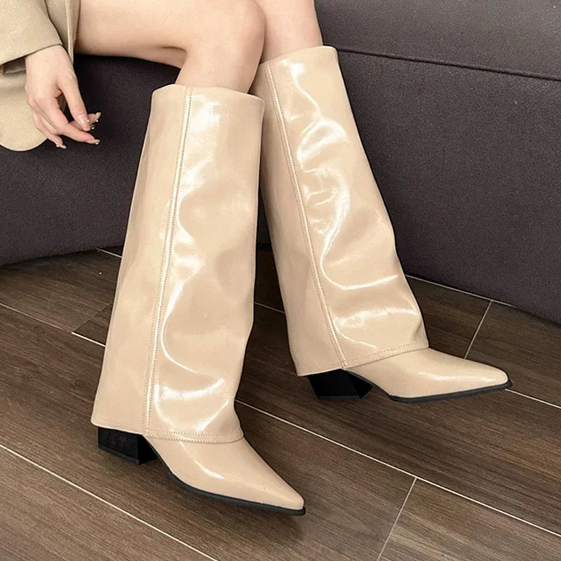 Bottes hautes en cuir épais pour femmes, chaussures à talons hauts et bout pointu, bottes Chelsea tendance, nouvelles escarpins, style gladiateur de neige