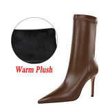 Bottes en cuir à talons hauts pour femmes, 7,5 cm, 10 cm, bottines courtes à talons bas, chaussures d'hiver chaudes et pointues en peluche