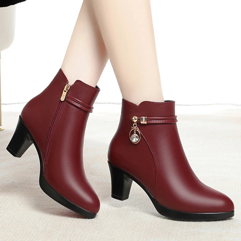 Autumn Winter New High-heeled  Women's Thick-heeled Short Ankle Boots Versatile Non-slip High Heel Warm Plush Snow Boots