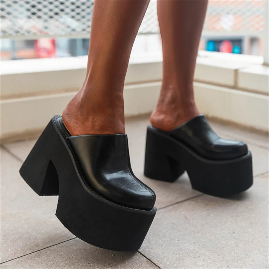 Sandals Summer 2025 New Women Slippers Baotou Platform Trend High Heels Ladies Shoes Pumps Black Soft Leather Thick Slides Mujer