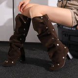 Bottes en jean à bout carré, rivets amovibles, talon épais de 7 cm, longueur genou, fermeture éclair latérale, marron, tendance, hiver, 2024, pointures 35 à 45