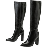 Aneikeh Pointed Thick Heels Knee Long Boots Women's 2024 Spring/Autumn Patent Leather Crocodile Pattern Panel Side Zipper Boots