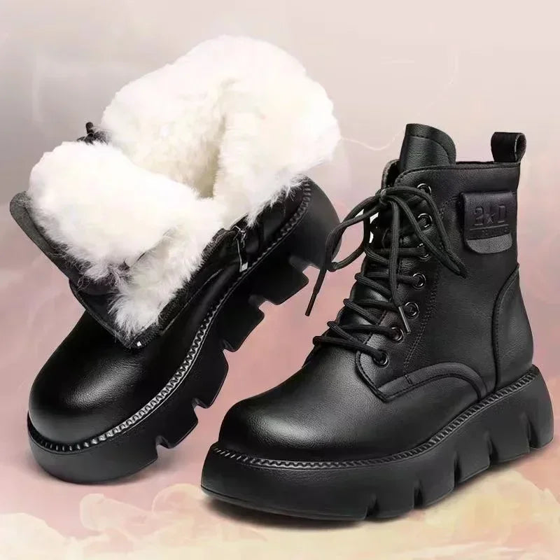 Womens Short Boots 2023 Leather Comfortable Ankle Boots Waterproof Thick-soled Padded Warm Women Shoes Casual Platform Boots