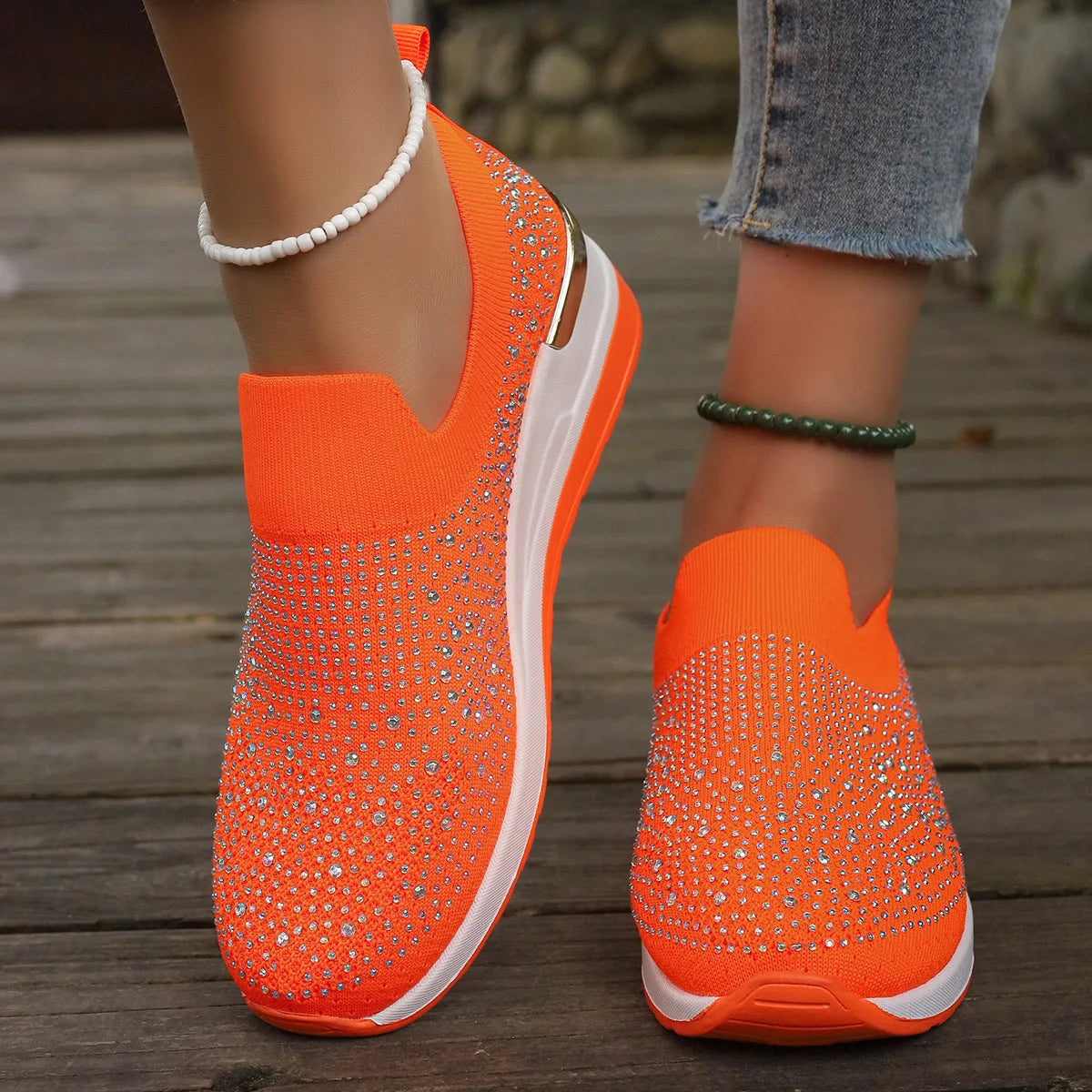 Orange Rhinestone Casual Sneakers Breathable Wedge Women Lightweight Shoes Slip On 2024 New Comfortable Spring Mesh Sports Shoes