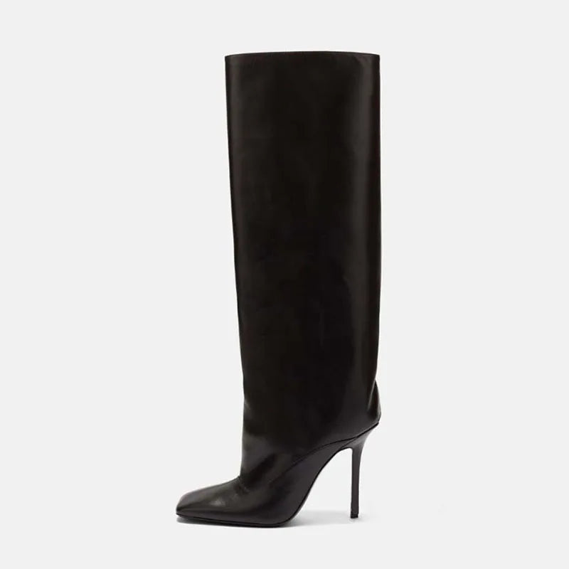 Arden Furtado Autumn 2024 White Square toe Super high heel stiletto heel black Knee high boots Large size wide calf boots 44 45