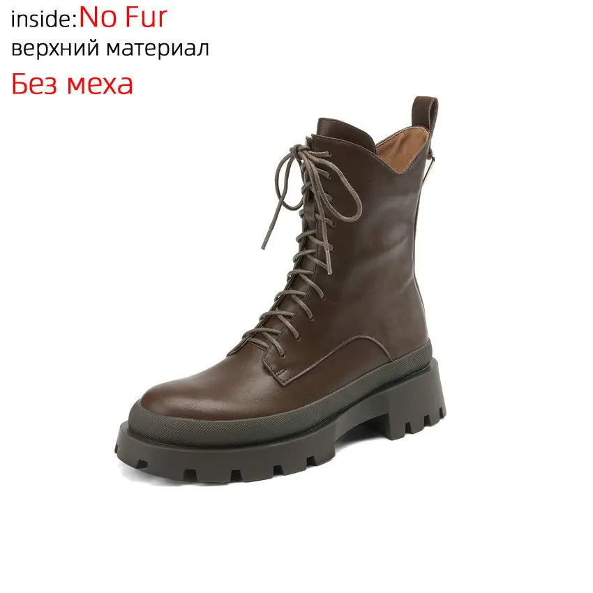 QUTAA 2024 Motorcycle Women Ankle Boots Thick Med Heels Round Toe Office Lady Cross-Tied Genuine Leather Shoes Woman Size 34-39