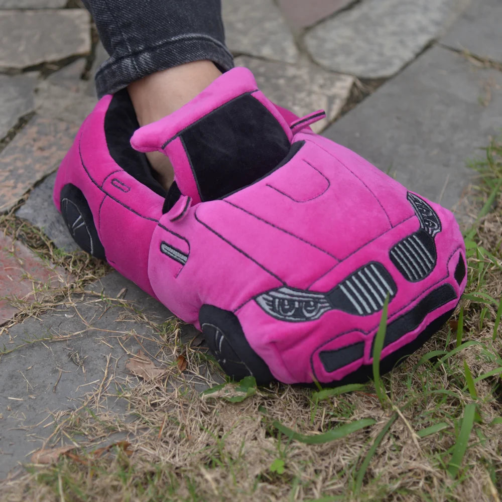 Highland Cow Car Shape Plush Shoes White CAR Racing Plush Slippers Winter Warm Soft Creative Indoor House Slipper Adults Shoe