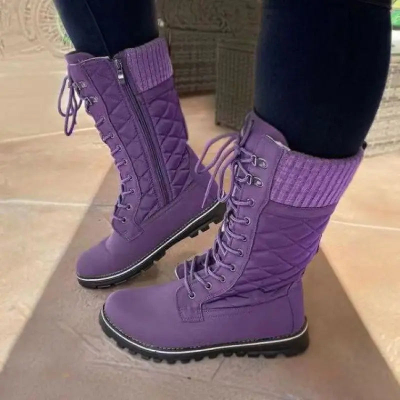 Waterproof women's winter boots with faux fur thermal Women Boots Mid-calf Wedge High Heel Platform Lace Up Zip Ladies Pumps Fem