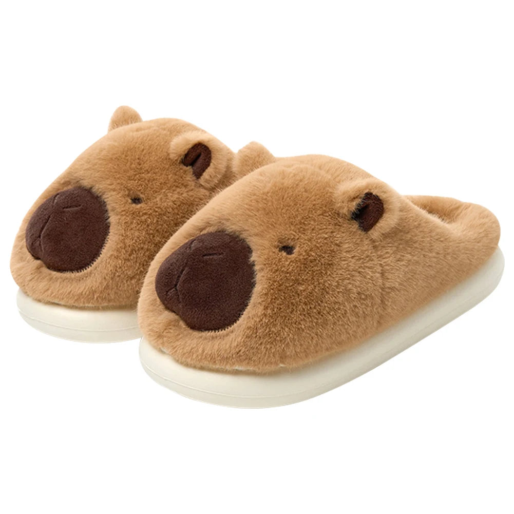 Chaussons en coton pour femmes avec des capybaras mignons en cartoon, chauds pour l'hiver, antidérapants, confortables, en fourrure, chaussons d'intérieur à enfiler