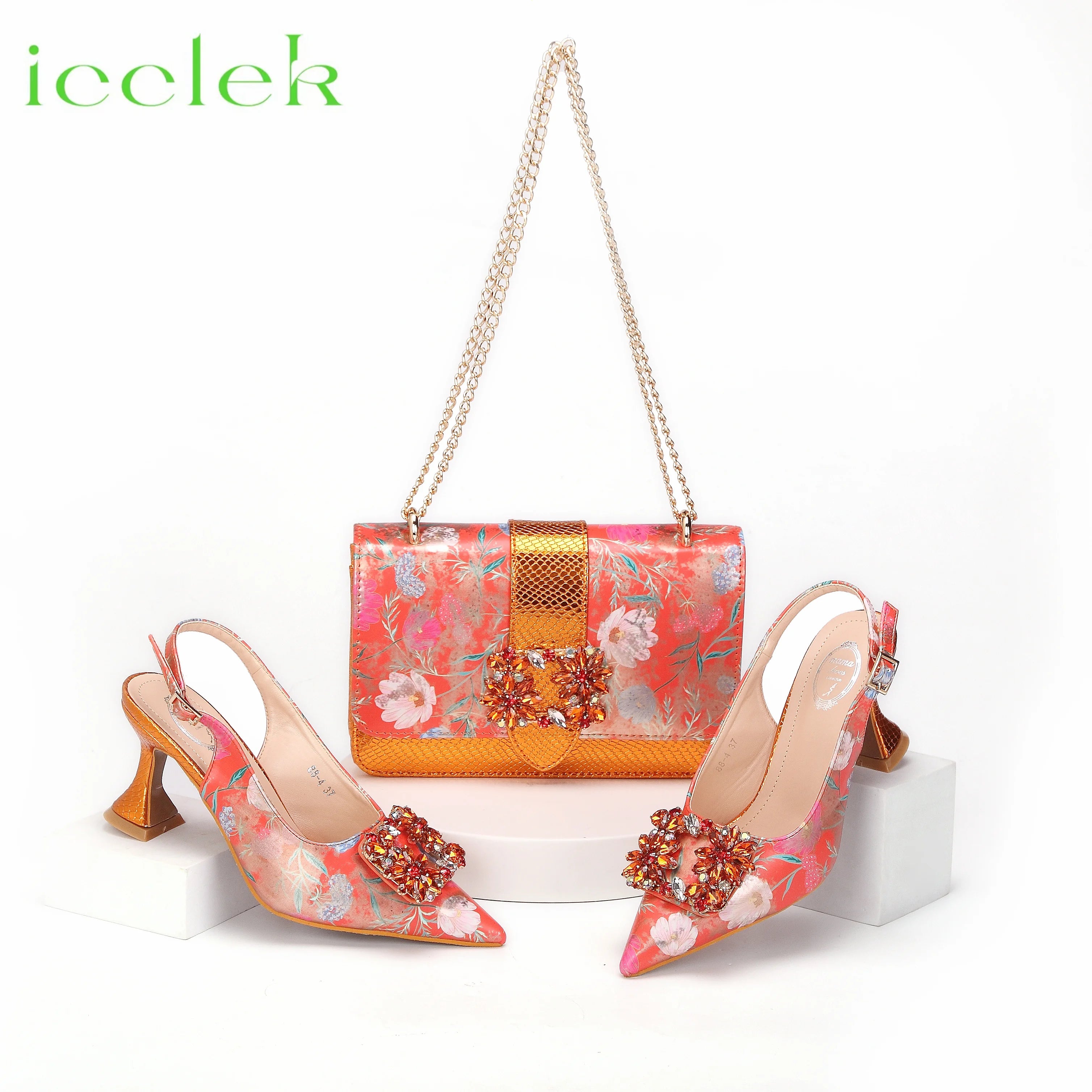 2024 Italian Design Girly Style Coffee Color Pointed Toe Wedding Shoes And Bag Full Diamond Decoration Metal Closure Bag