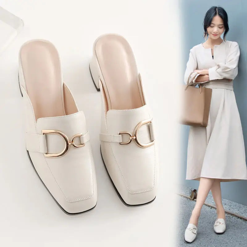 New Women Baotou Half Slippers Ladies Square Toe Thick Heel Muller Sandals For Outer Wear Zapatos Mujer